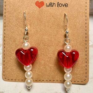 🎁FREE with $10 Purchase Red Hearts Handmade Valentines Silver Dangle Earrings